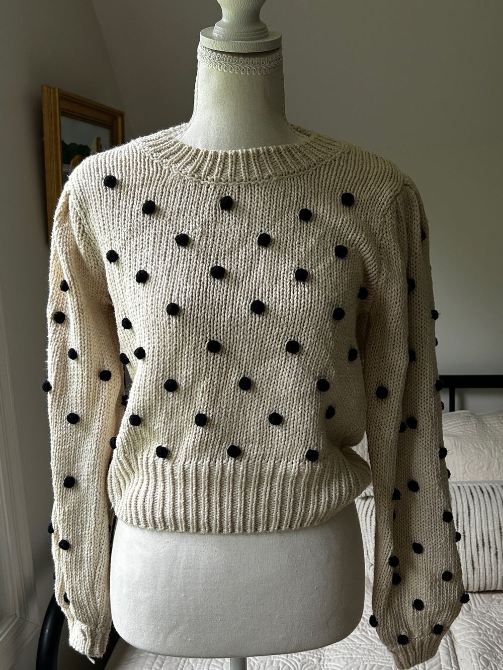 Astr Cream Crewneck Sweater with Black Pom Dots
